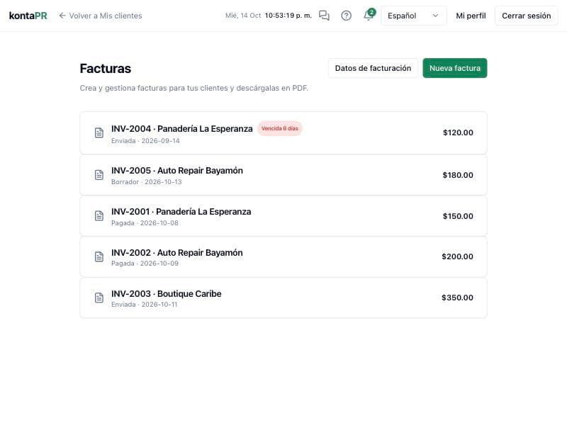 Facturas de KontaPR con estados pagada, enviada y vencida
